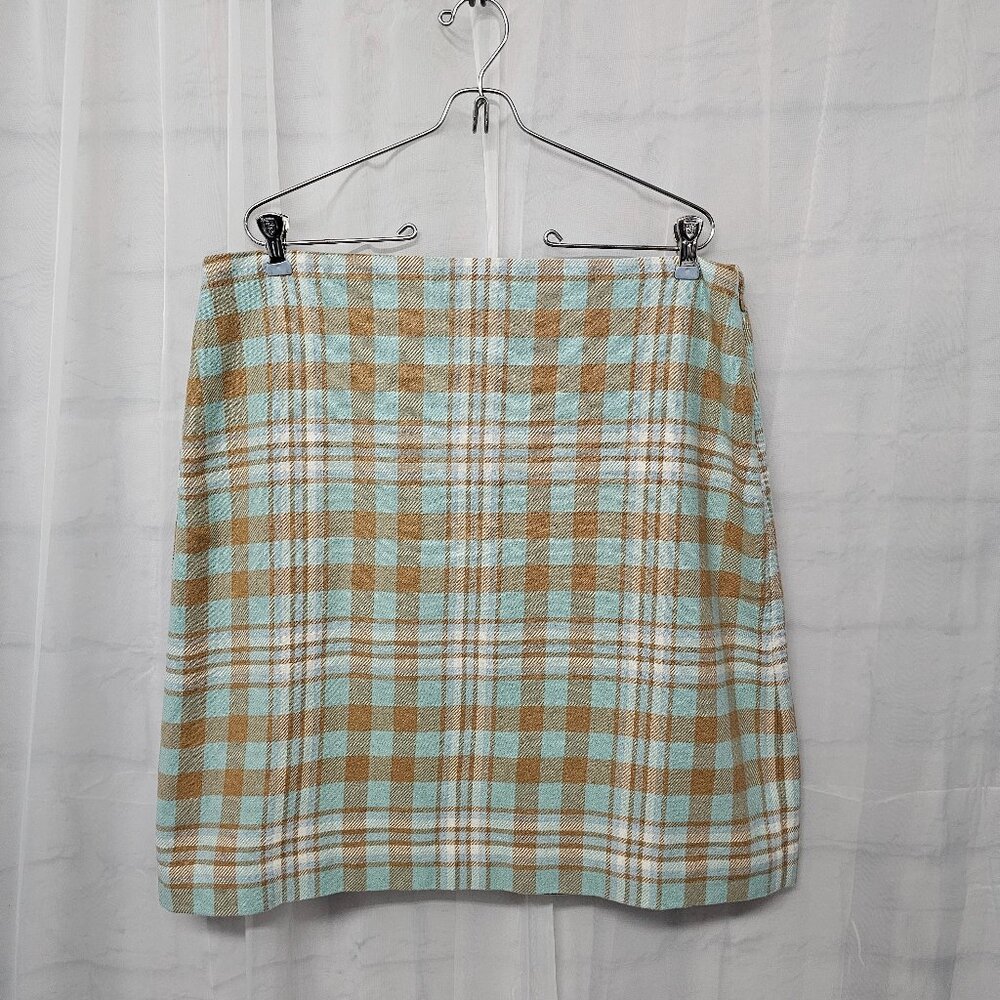Talbots Skirt Plaid A-line Blue Tan Wool Preppy Office Classic 14